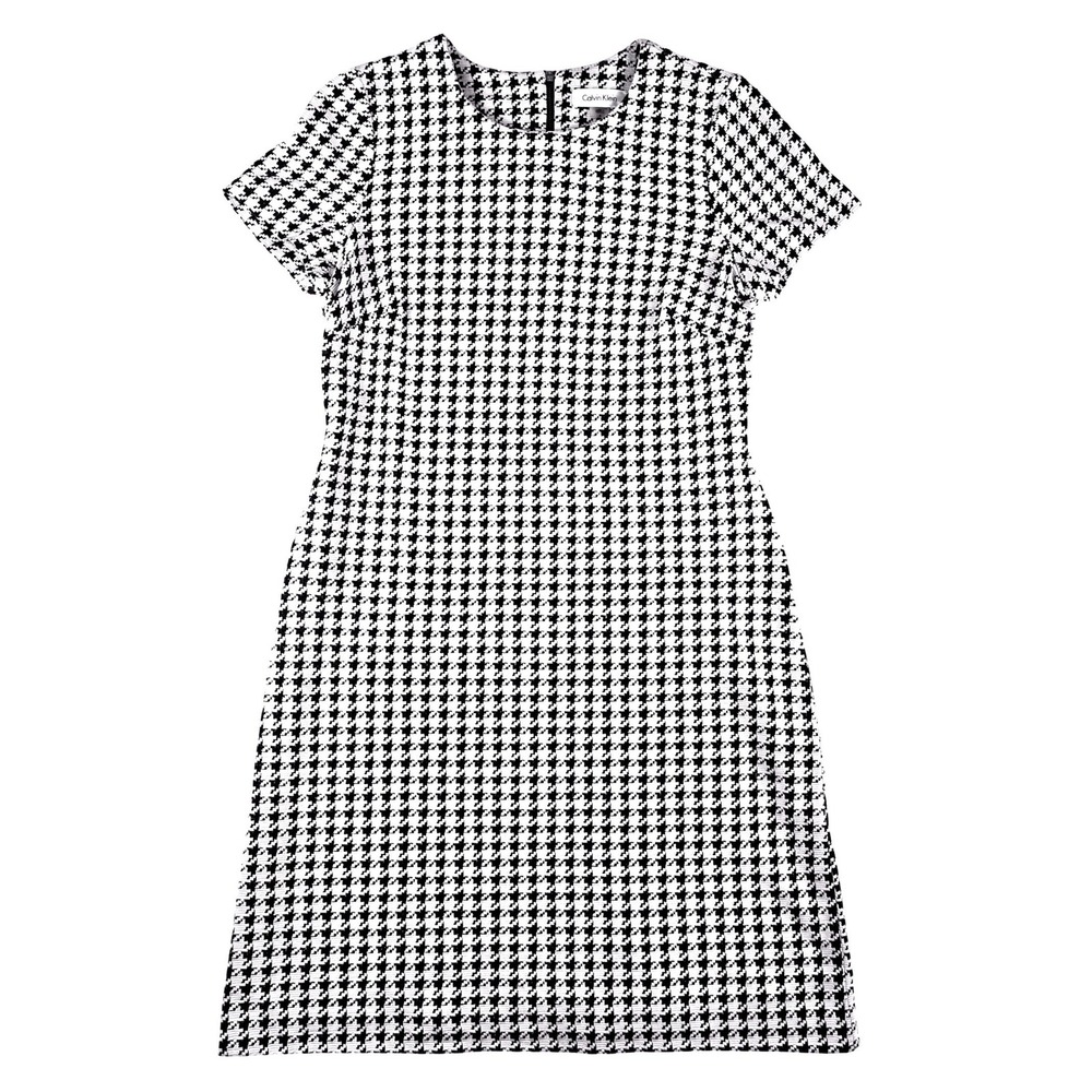 Calvin Klein Houndstooth Sheath Dress Women 6 Black White Short Sleeve Workwear